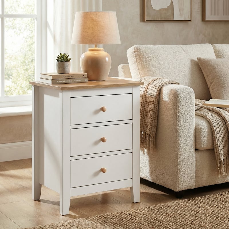 3 Drawer Nightstand with Solid Wood Knobs - White