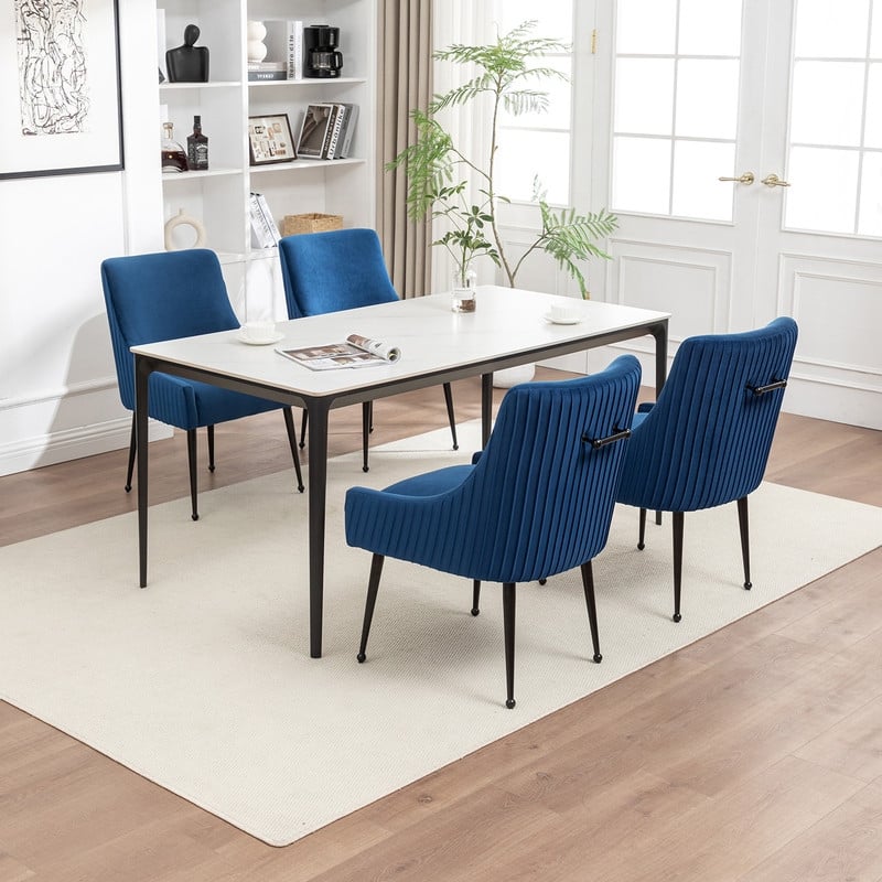 SEYNAR Modern Glam Velvet Black Metal Legs Dining Chair or Vanity Chair Set of 4 with Rear Handle