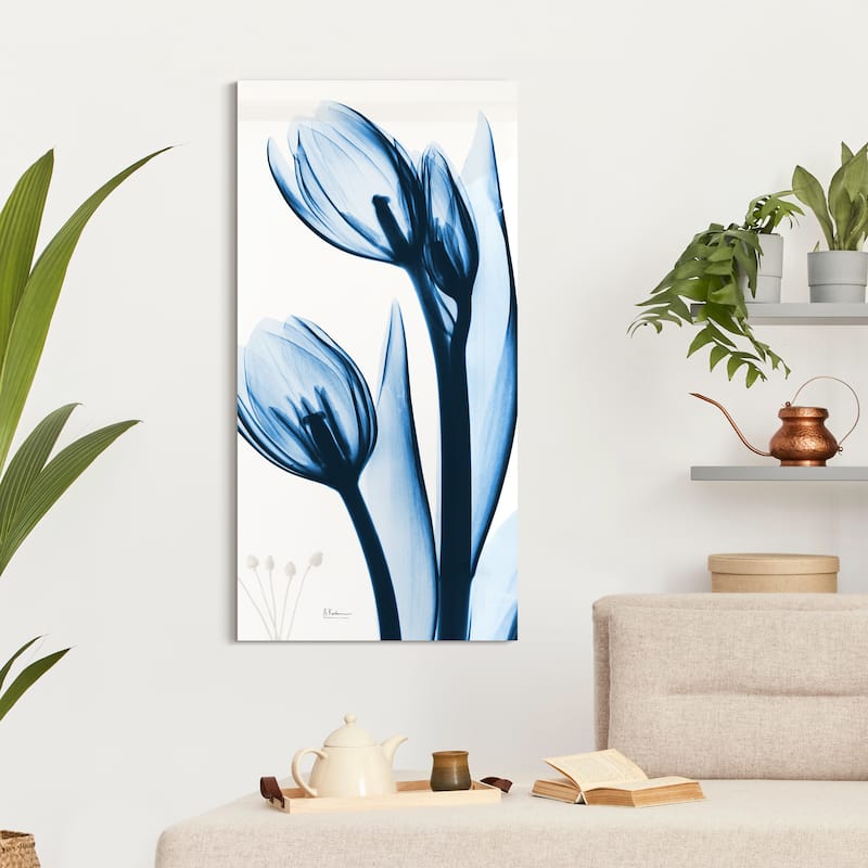 "Two Blue Tulips" Frameless Free Floating Tempered Glass Panel Graphic Wall Art