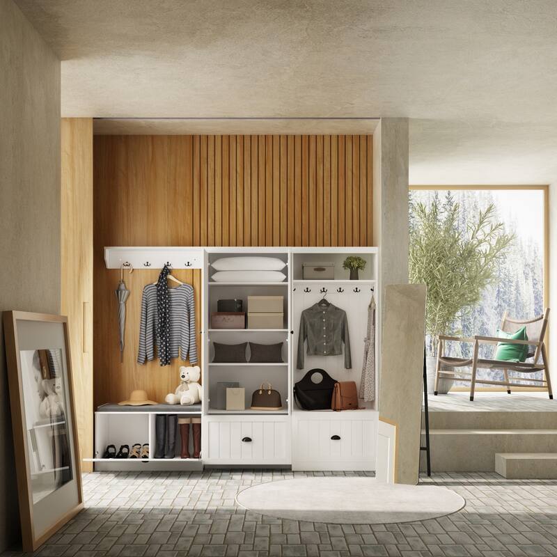 Combo Hall Tree Storage Bench Entryway Shelf Coat Rack Cloest Armoire