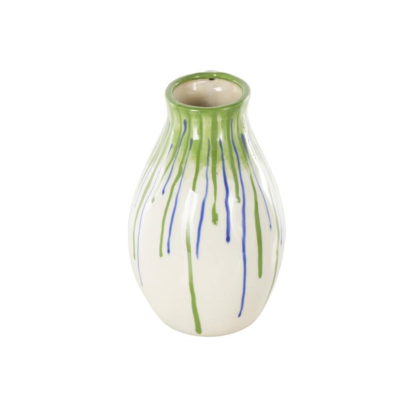 White Ceramic Abstract Decorative Vase with Green and Blue Drip Design and Handle