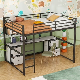 Full Metal Loft Bed w/Desk, Drawers & Charging Station, USB & Socket