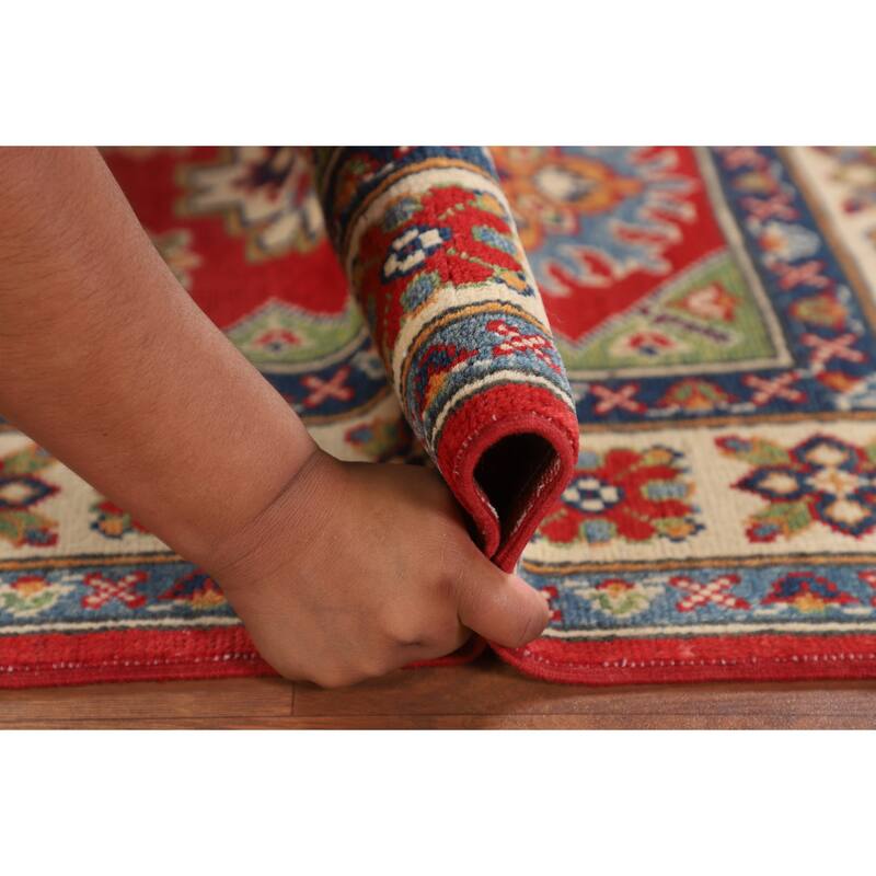 Kazak Foyer Rug Hand-Knotted Red Geometric Wool Carpet - 2'6" x 4'1"