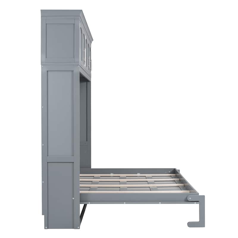 Full Size Murphy Bed Chest Folding Storage Platform Bed with Top Cabinets, Wood Slat Support/No Box Spring Needed, Gray