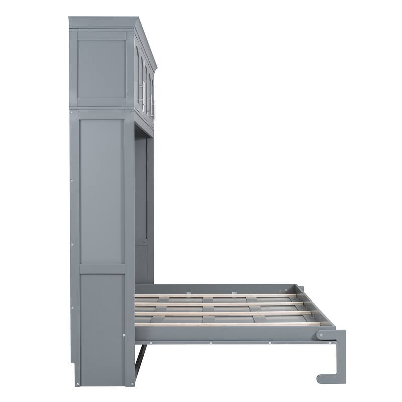 Full Size Wooden Murphy Bed Wall Bed with Top Cabinets
