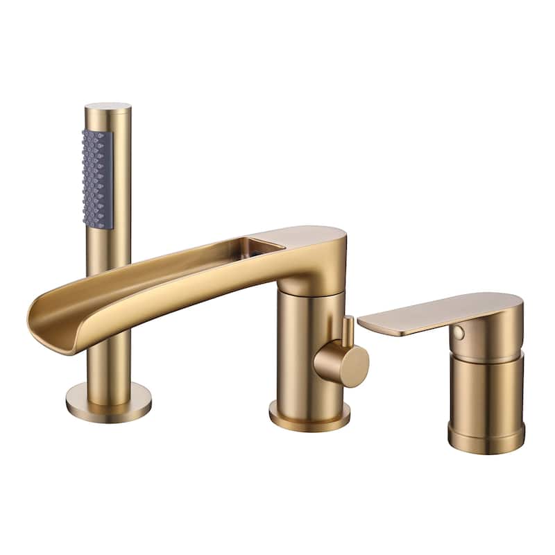 Deck Mounted Tub Faucet With Handheld Shower Watterfall Tub Filler Modern Bahroom Roman Bathtub Faucet With Sprayer And Valve - Brushed Gold