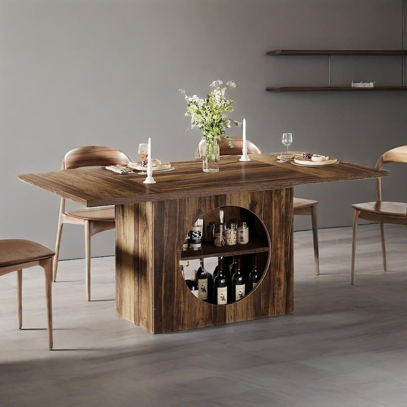 Brown Rectangular Dining Table with 2 Tier Storage Seats 4 to 6 Modern Wood Dining Table for Home - 62.2" x 31.1" x 29.53"
