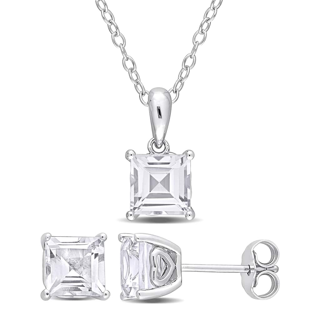 Miadora 4ct TGW Square White Topaz 2-Piece Set of Necklace and Earrings Sterling Silver