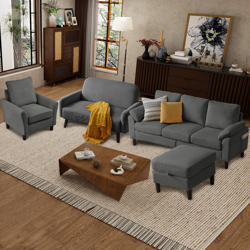 4 Pieces Corduroy Living Room Sets with Sofa, Ottoman and Loveseat