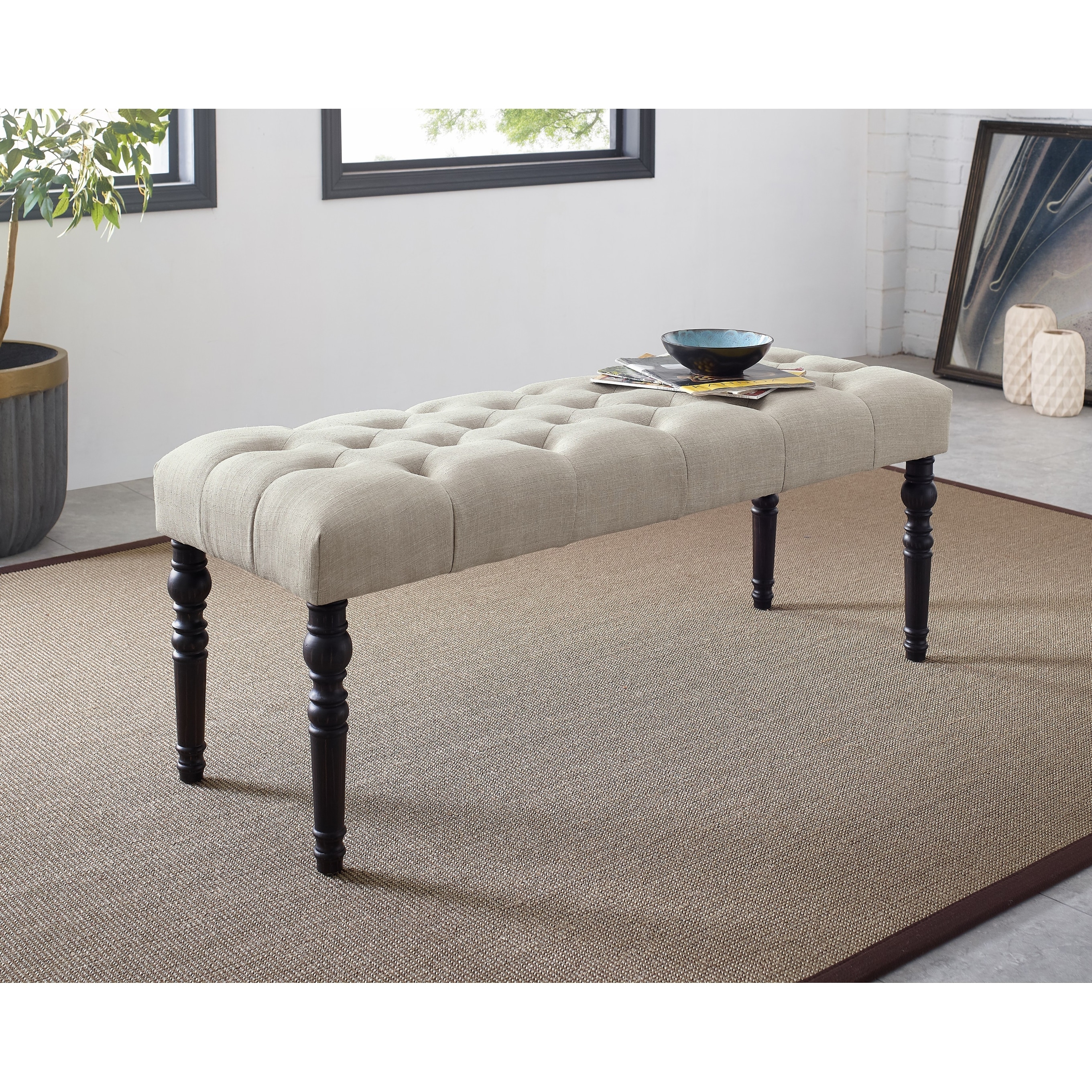 Fabric Tufted Turned Leg Dining Bench