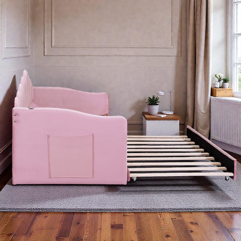 Twin Size Velvet Upholstered Daybed with Trundle, USB Charging Ports, Side Pockets, No Box Spring Required