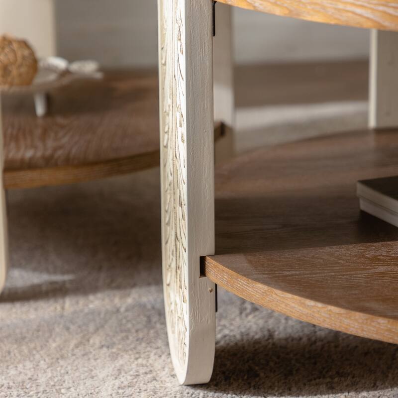 Carved Wooden Coffee Table with Double-Layer Storage