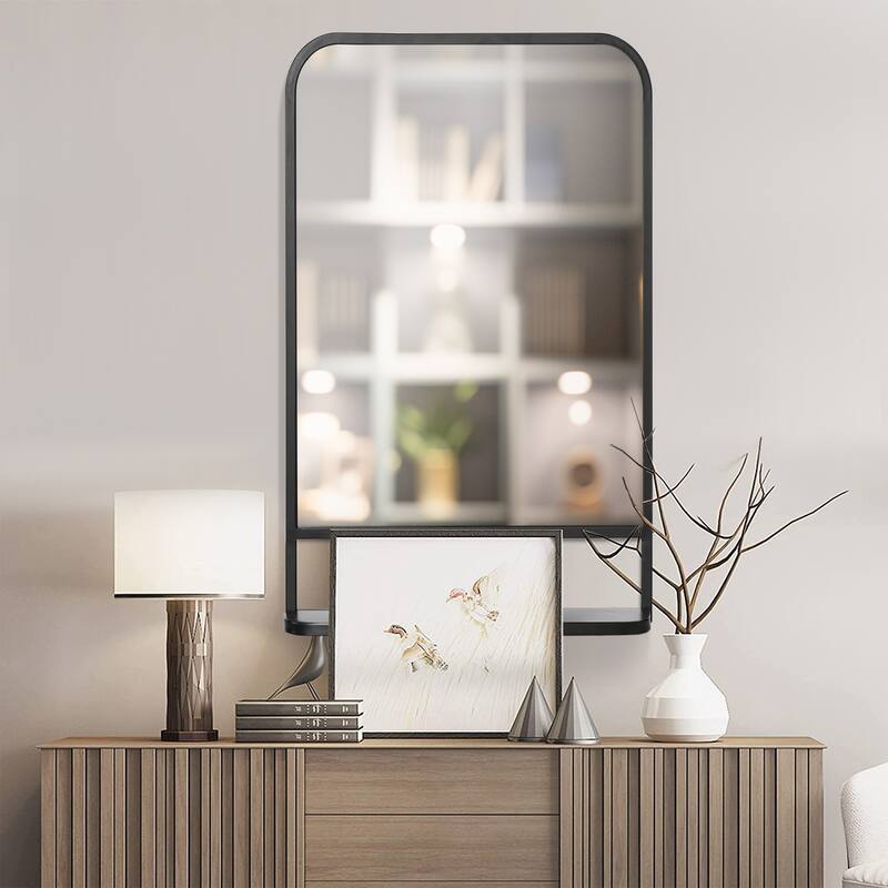 HOMCOM 34" x 21" Square Modern Wall Mirror with Storage Shelf, Mirrors for Wall in Living Room, Bedroom, Black