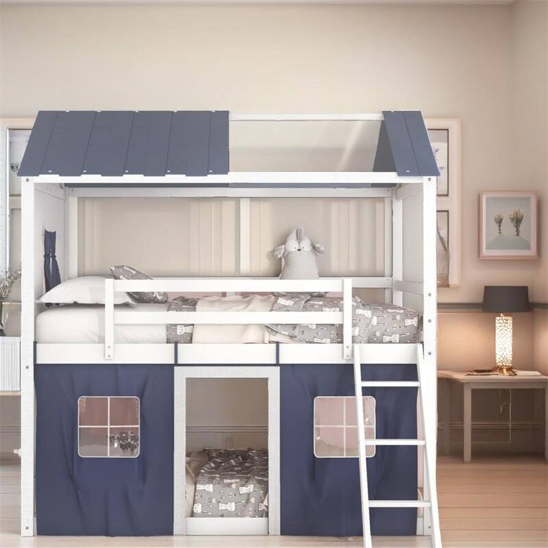 Full Size Bunk Wood House Bed with Elegant Windows,Sills and Tent - White+Blue