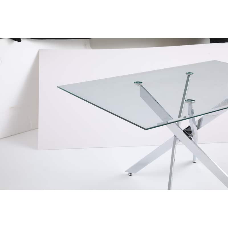 Modern rectangular tempered glass table and silver iron frame