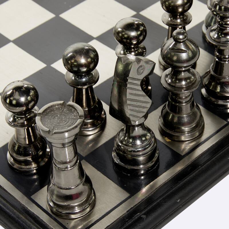 Aluminum Metal Chess Game Set with Black and Silver Pieces - Silver - Roche River Decor