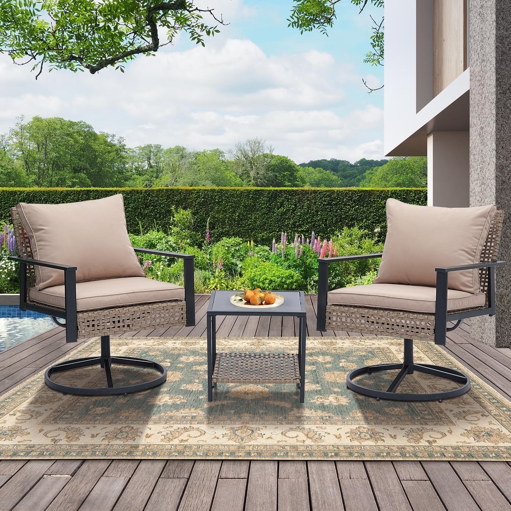 Ainfox 3 Pieces Patio Outdoor Furniture Set with Coffee Table, PE Wicker Swivel Rocking Chairs