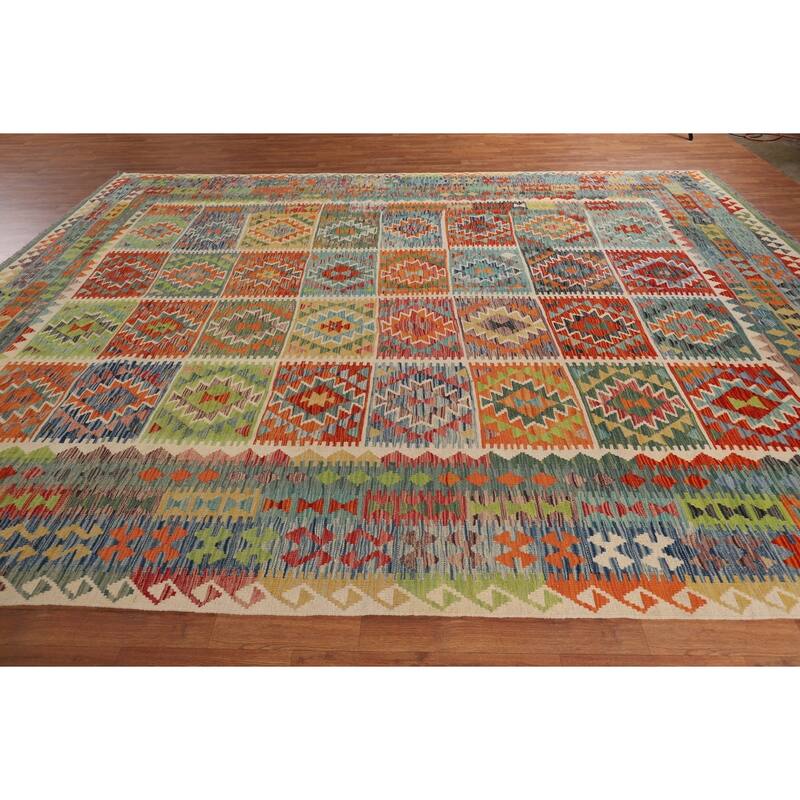 Geometric Colorful Kilim Oriental Area Rug Flatweave Wool Carpet - 9'9" x 13'0"