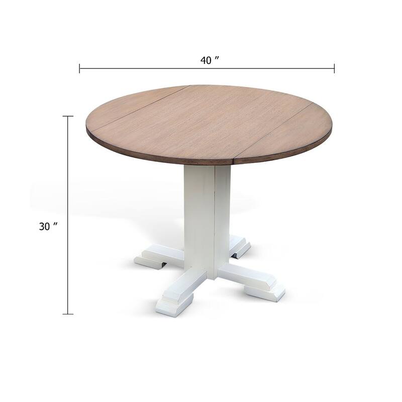 Lemy Round Dining Table w Drop Leaves, 40 Inch Dark Brown Top, White - Dark Brown, White