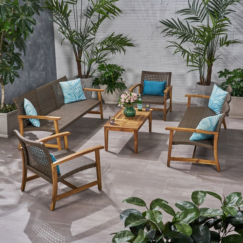 Hampton Outdoor 5-piece Wood and Wicker Sofa Chat Set by Christopher Knight Home