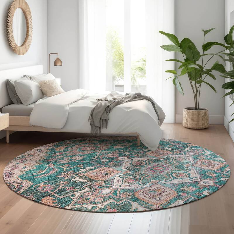 Premium Washable Super Soft Traditional Heriz Mayfield Rug - Emerald - 8' x 8' - Round