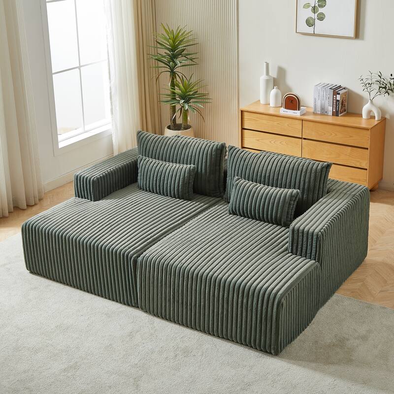 87'' Lounge Chaise Sleeper Sofa - Soft Corduroy Couch with Ottoman Bench and Pillow Support