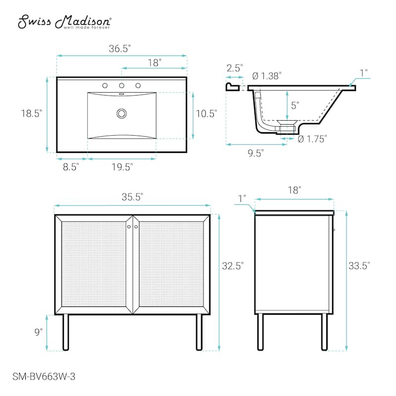 Classe 36 In. White Oak Bathroom Vanity With White, 3-Hole Ceramic Sink Top