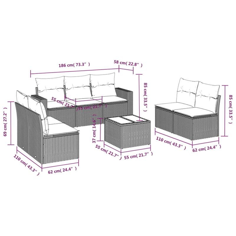 vidaXL Patio Sofa Set with Cushions Outdoor Conversation Furniture Poly Rattan - 25.8" x 24.4" x 27.2"