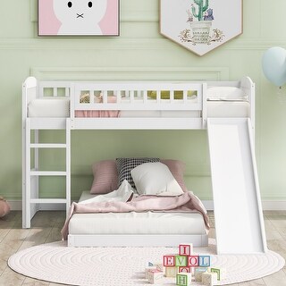Twin Over Twin Bunk Bed Frame with Slide & Ladder, Solid Wood Low Bunkbeds w/Safety Guardrails, Noise Free, No Box Spring Needed