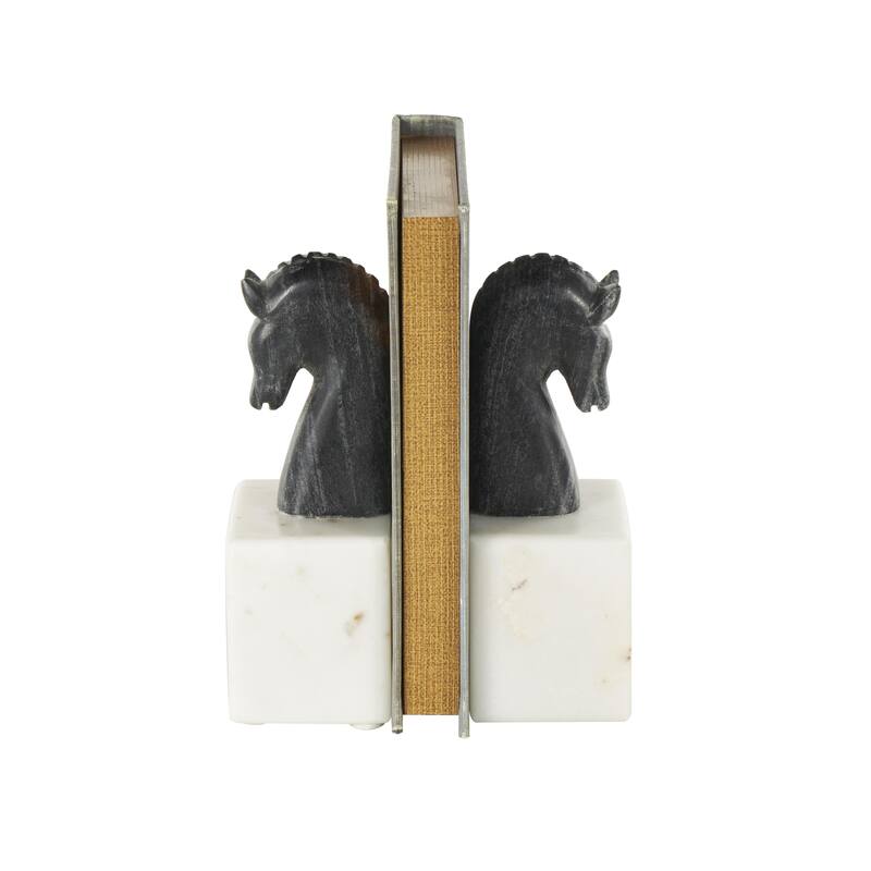 Marble Horse Distressed Bookends with White Block Bases - Set of 2 Black - Roche River Decor