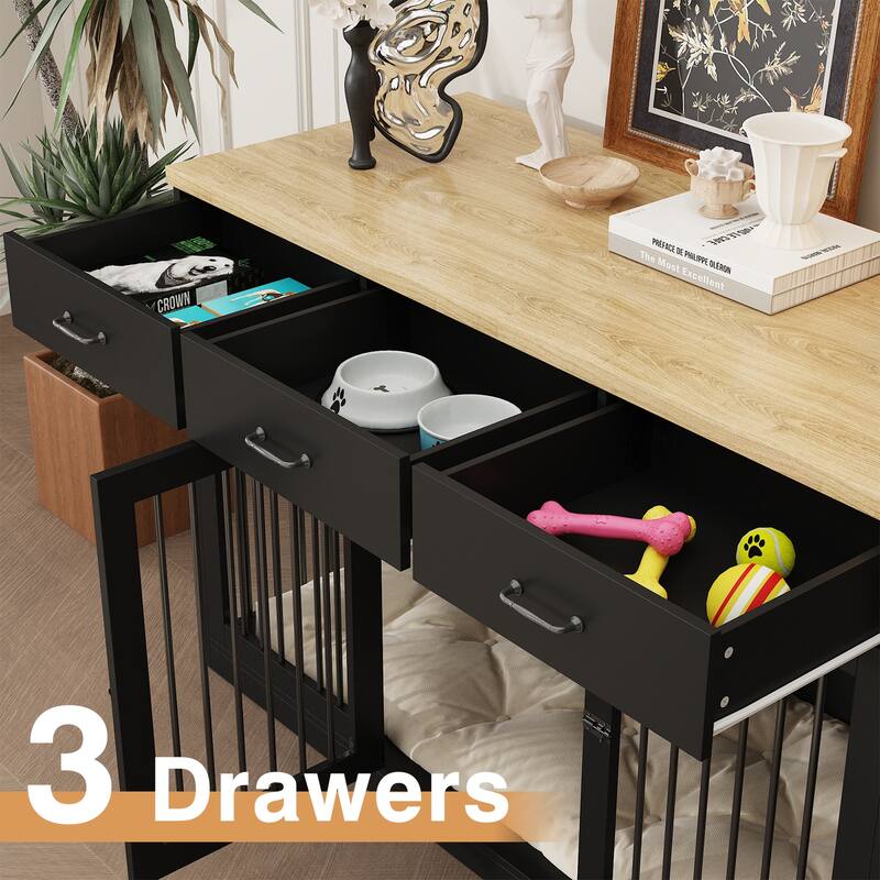 Furniture Style Dog Crate with Storage Drawers, Large Dog Kennel Cabinet with Wood Top, Double Door Pet Crate End Table