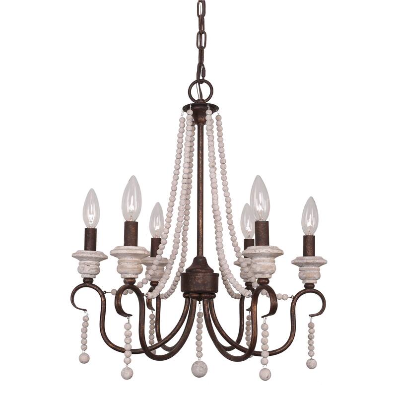 Cusp Barn Modern Farmhouse 6-Light Wood Beaded Chandelier Coastal Pendant Light French Country Candle Ceiling Light for Kitchen