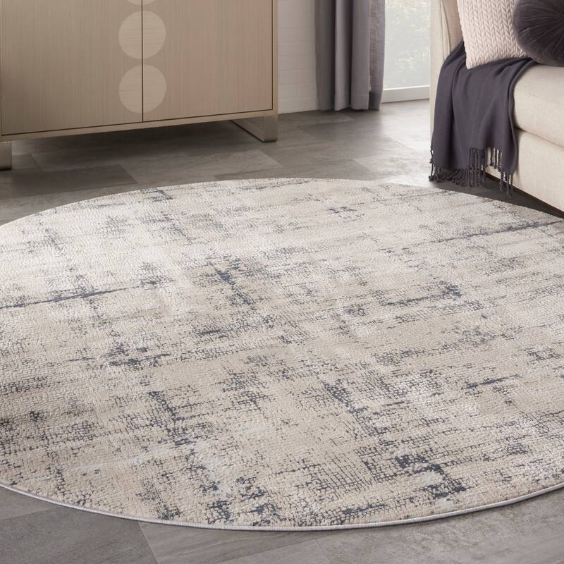 Rustic Textures Vintage Abstract Modern Area Rug - 7'10" Round - Ivory Blue