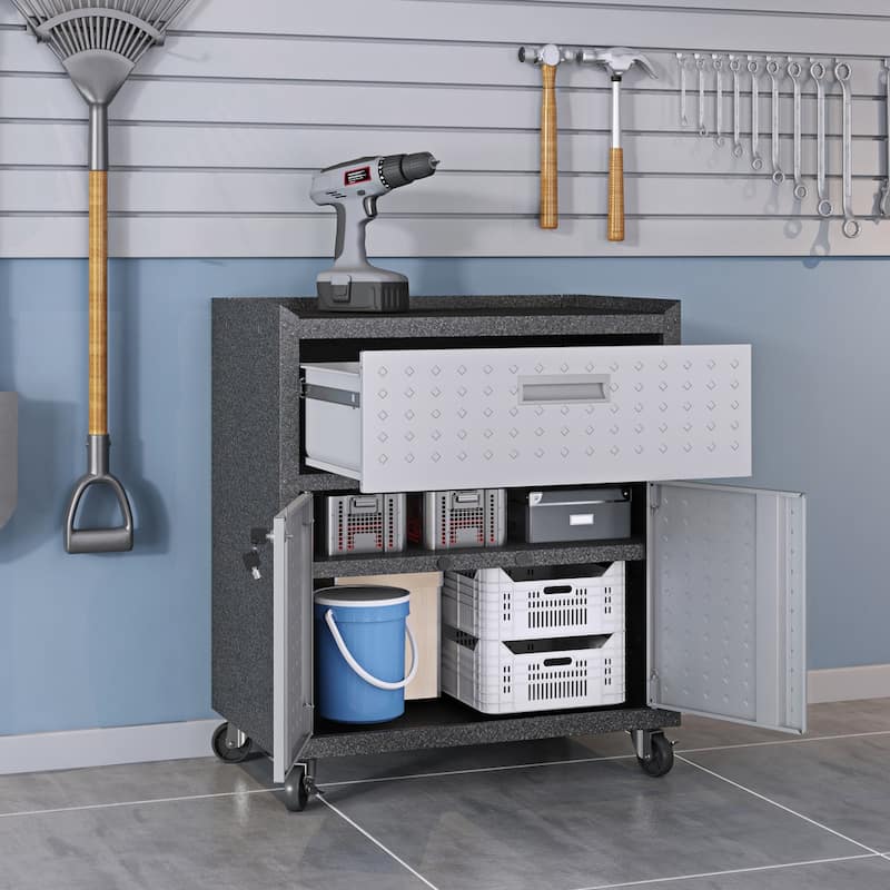 Fortress Textured Metal 31.5" Garage Mobile Cabinet with 1 Full Extension Drawer and 2 Adjustable Shelves in Grey