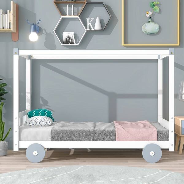 slide 2 of 8, Twin Size Canopy Car-Shaped Platform Bed,White White