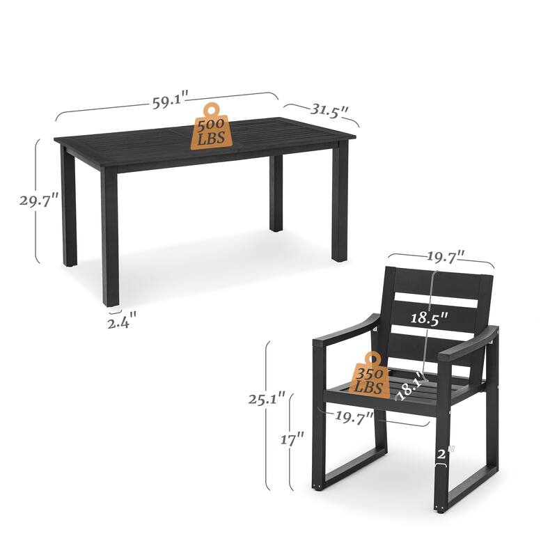 5-Piece HDPS Rectangular Patio Dining Set with Slatted Table Top and outdoor Armchairs - 23.6"D x 24.6"W x 34.6"H