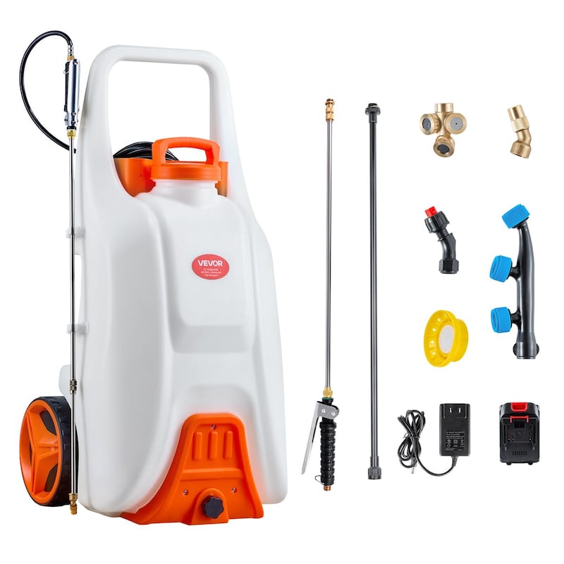 White and Orange 13.1 Gallon Electric Wheeled Sprayer with Adjustable Pressure and 30m Hose - 18.70 in × 18.50 in × 38.03 in