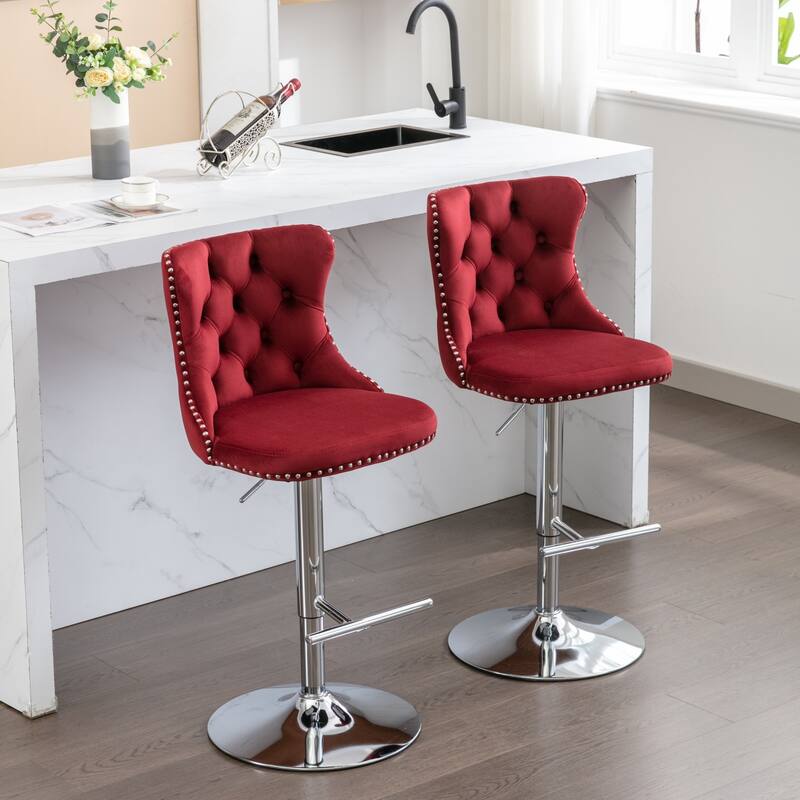Swivel Velvet Barstools Adjusatble Seat Height from 25-33 Inch, Modern Upholstered Chrome base Bar Stools with Tufted Backs