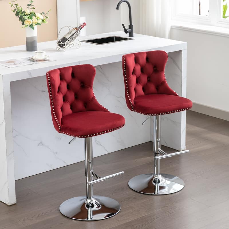 Velvet Swivel Barstools Counter Tufted Dining Chair 2 Set, Burgundy