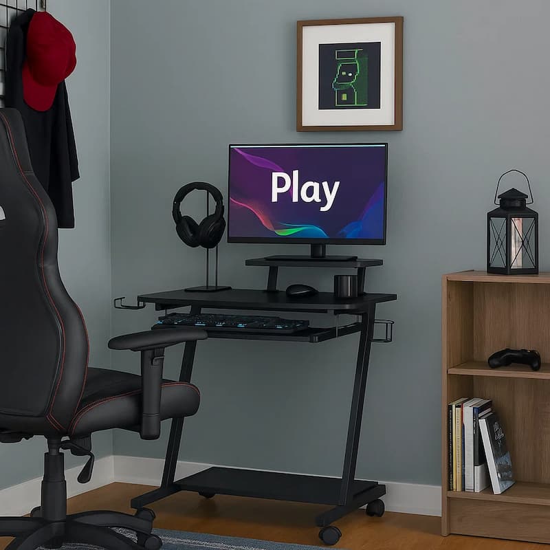 Gaming Desk with Metal Frame and Casters, Black