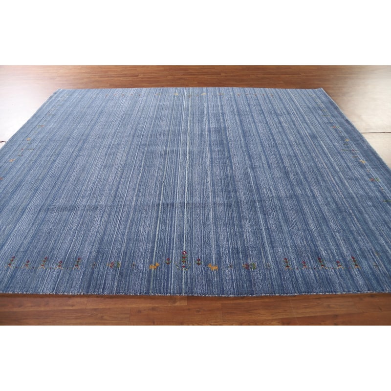 Striped Blue Gabbeh Indian Area Rug Handmade Wool Carpet - 8'0"x 9'8"