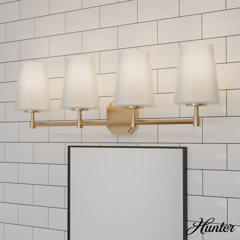 Hunter Nolita Vanity Wall Light - Bathroom - Contemporary, Transitional - White Glass Shades - Damp Rated! - 30" 4 Light - Alturas Gold