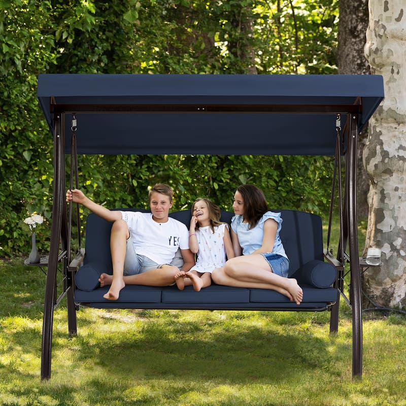 3-Seat Patio Swing with Adjustable Canopy, 750lbs Heavy Duty, Convertible Outdoor Bed, All-Weather, Cup Holders & Thick Cushions