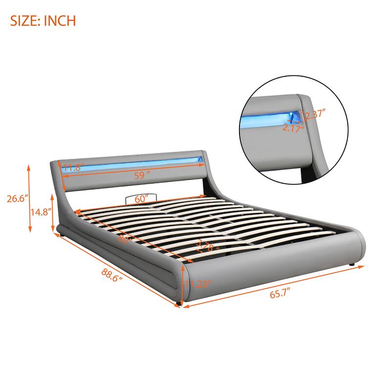 Queen Size Storage Bed Sleigh Bed Platform Bed with Hydraulic Storage System and LED Headboard Sleigh Design Low Profile Bed