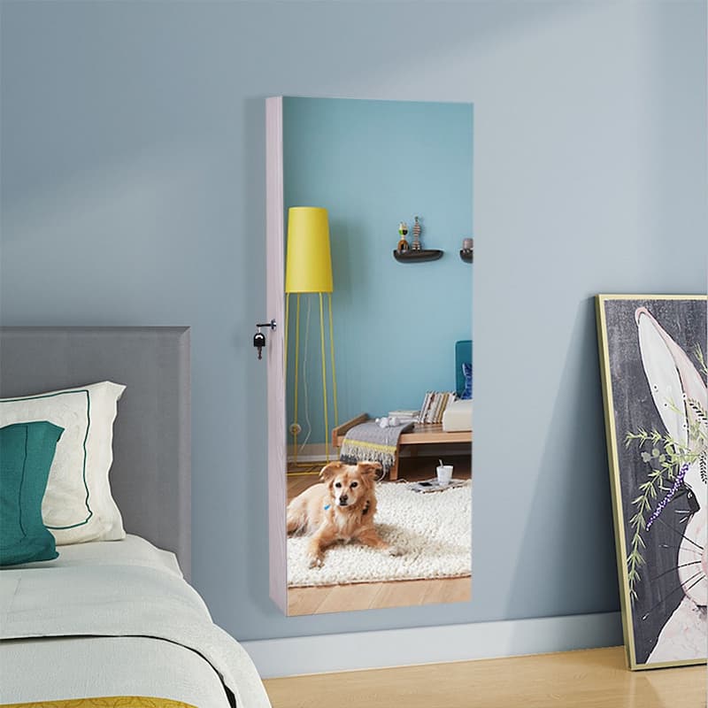Whole Surface Mirror Wall Hanging Lockable White Jewelry Cabinet