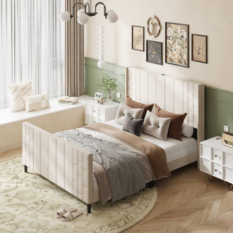 Queen Size Bed Frame Platform with Tall Headboard & Footboard & USB Ports