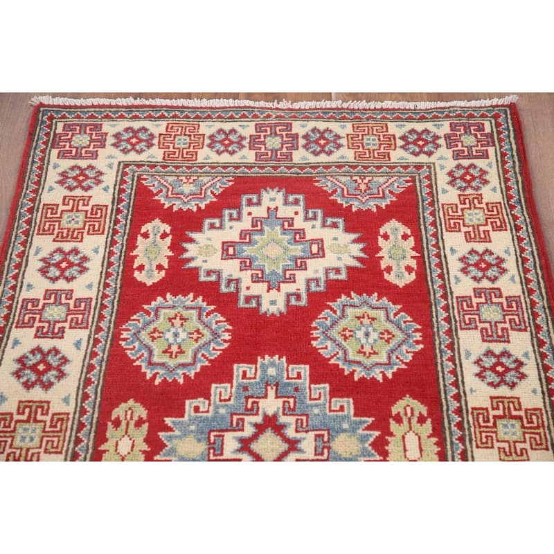 Hand Knotted Oriental 100% Wool Carpet Traditional Geometric Red Kazak Runner Rug - 6' 8'' X 2' 9''