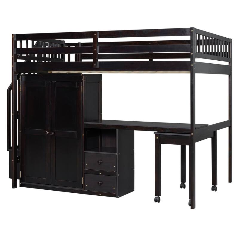 Multifunctional Full Size Loft Bed with Stairs, Bookshelf, Drawers, Desk & Wardrobe for Kids & Teens