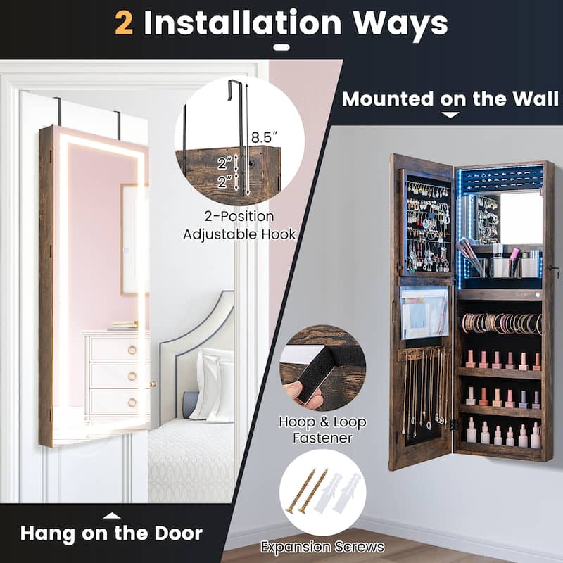 Gymax LED Mirror Jewelry Cabinet Wall/Door Mounted Organizer Armoire