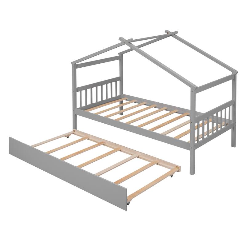 Twin/Full House Bed with Pull-Out Trundle, Solid Pine Wood Frame for Sleepovers